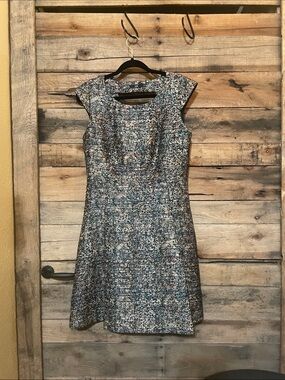 Cap-Sleeve Tweed Mini Dress in Blue-Cream